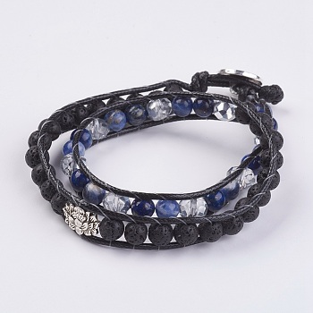 Natural Sodalite and Lava Rock Wrap Bracelet, with Tibetan Style Lotus Beads and Glass, Two Loops, 14-3/8 inch(36.5cm)