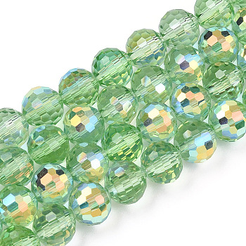Transparent Electroplate Glass Beads Strands, Faceted, Half AB Color Plated, Round, Light Green, 8x7~7.5mm, Hole: 1.0mm, about 71~72 pcs/strand, 20.20~21.85 inch(51.3~55.5cm)