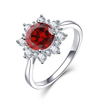 Brass Micro Pave Cubic Zirconia Finger Rings, for Women, Flower, Red, Platinum,  US Size 7(17.3mm)