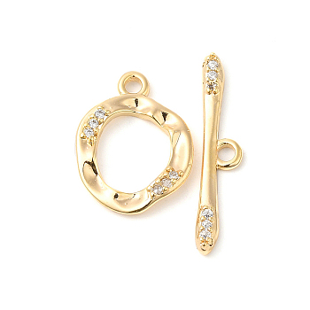 Brass Micro Pave Clear Cubic Zirconia Toggle Clasps, Irregular Ring, Real 18K Gold Plated, Ring: 17.5x13x2.5mm, Hole: 1.8mm, Bar: 24.5x5x2mm, Hole: 1.8mm