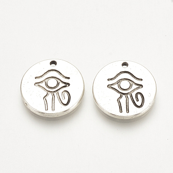 Tibetan Style Alloy Charms, Flat Round with Egyptian Eye of Horus, Cadmium Free & Nickel Free & Lead Free, Antique Silver, 15x2mm, Hole: 1mm