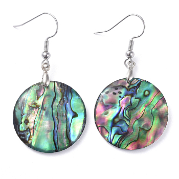 Abalone Shell/Paua Shell Dangle Earrings, with Brass Ice Pick Pinch Bails and Earring Hooks, Flat Round, Platinum, 46mm, Pin: 0.7mm