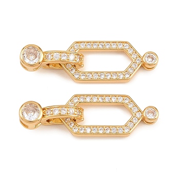 Brass Micro Pave Clear Cubic Zirconia Fold Over Clasps, Hexagon, Golden, 30mm