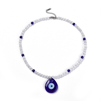 Lampwork Teardrop  with Evil Eye Pendant Necklaces, with Cat Eye and Glass Beads, Blue, 18.5 inch(47cm)