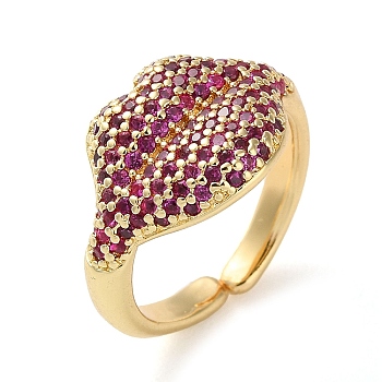 Rack Plating Brass Micro Pave Cubic Zirconia Open Cuff Rings, Real 18K Gold Plated, Lip, Violet, Adjustable
