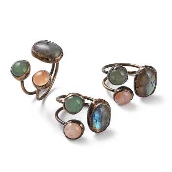 Oval & Round Natural Labradorite & Rose Quartz & Green Aventurine Open Cuff Rings, Red Copper Tone Brass Ring for Women, Inner Diameter: 20mm