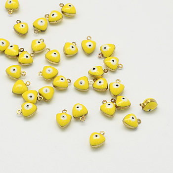 Golden Tone Brass Enamel Charms, Enamelled Sequins, Heart with Eye, Yellow, 9x7x5mm, Hole: 1mm