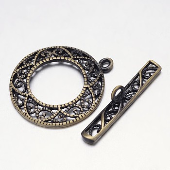 Filigree Brushed Brass Ring Toggle Clasps, Nickel Free, Antique Bronze, Ring: 26x22x2mm, Bar: 6x26x4mm, Hole: 1mm