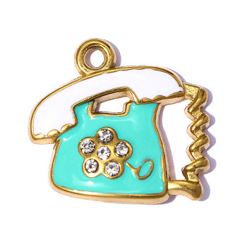 304 Stainless Steel Pendants, with Enamel, Telephone Charms, Mirror Polished Finish, Ion Plating(IP), Real 18K Gold Plated, Cyan, 19x18mm, Hole: 1.8mm