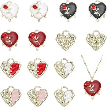 CHGCRAFT 14Pcs 7 Styles Alloy Enamel Pendants, Light Gold, Heart, Mixed Color, 19x15~18x3~4.5mm, Hole: 1.8~4mm, 2pcs/style