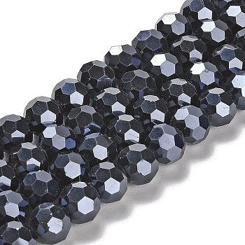 Electroplate Opaque Glass Beads Strands, Faceted(32 Facets), Pearl Luster Plated, Round, Black, 10mm, Hole: 1.2mm, about 65~69pcs/strand, 23.03~24.49 inch(58.5~62.2cm)