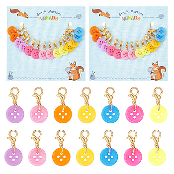 Flat Round Button Stitch Markers, Acrylic Crochet Lobster Clasp Charms, Locking Stitch Marker with Wine Glass Charm Ring, Mixed Color, 2.3cm, 7 colors, 2pcs/color, 14pcs/set