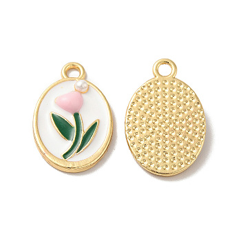 Alloy Enamel Pendants with ABS Plastic Pearl Beaded, Nickle Free, Oval with Flower Charms, Light Gold, 20x13x3mm, Hole: 2mm