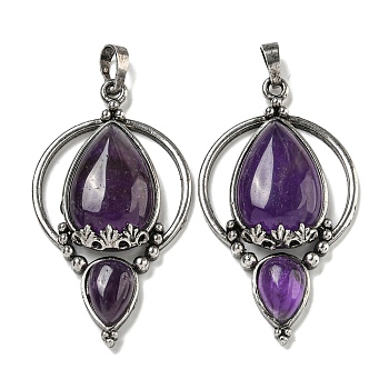 Natural Amethyst Pendants, Rack Plating Brass Teardrop Charms, Antique Silver, Cadmium Free & Lead Free, 49.5x28x7mm, Hole: 8x5mm