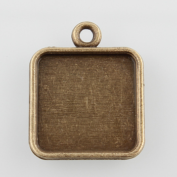 Square Alloy Pendant Cabochon Settings, Cadmium Free & Nickel Free & Lead Free, Antique Bronze, Tray: 15x15mm, 22x18x2mm, Hole: 2mm
