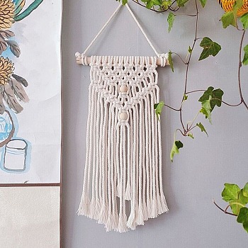 Cotton Cord Macrame Woven Tassel Wall Hanging, Boho Style Hanging Ornament with Wood Sticks, for Home Decoration, Floral White, 300x200mm