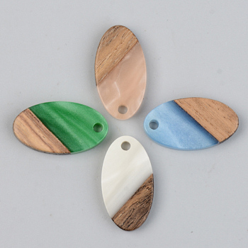 Opaque Resin & Walnut Wood Pendants, Oval, Mixed Color, 20x11x3mm, Hole: 2mm