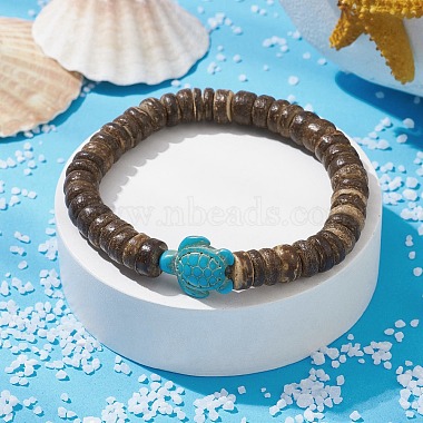 disque de noix de coco naturel et bracelet extensible en perles de tortue turquoise synthétique(BJEW-JB09699-05)-2