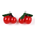 Resin Pendants, with Platinum Tone Iron Findings, Imitation Food, Cherry, Red, 28~30x28~29x17mm, Hole: 2mm(X-RESI-T028-37)