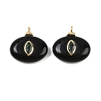 Natural Black Onyx(Dyed & Heated) Pendants, Horse Eye Charms with Brass Micro Pave Cubic Zirconia Findings, Golden, Cadmium Free & Lead Free, Rack Plating, Long-Lasting Plated, 19x18x5.5~7.5mm, Hole: 2.8mm(X-KK-B157-42H-10)