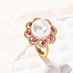 Adjustable Brass Micro Pave Cubic Zirconia Finger Rings for Women, Flower, with ABS Plastic Pearl, Cadmium Free & Lead Free, Long-Lasting Plated, Rack Plating, Real 18K Gold Plated, 19.5mm, US Size 6(16.5mm)(RJEW-A098-04G)