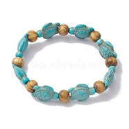 Beach Turtle Dye Synthetic Turquoise Beaded Stretch Barcelets, Summer Wood Beaded Stretch Bracelets for Women, Turquoise, Inner Diameter: 1-7/8~2 inch(4.85~5.2cm), Bead: 7x8~8.5mm, Turtle: 17x14mm (BJEW-JB10291-01)