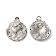Valentine's Day 304 Stainless Steel Pendants, Flat Round with Heart Charm, Stainless Steel Color, 19.5x16x2.5mm, Hole: 2.5mm(STAS-E193-11P)