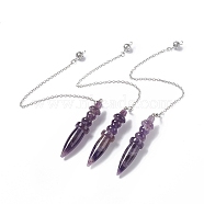 Natural Amethyst Pointed Dowsing Pendulums, with Rack Plating Brass Findings, Cadmium Free & Lead Free, Bullet, 247x2.5mm, Hole: 1.2~1.8mm(AJEW-B020-06P-01)