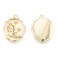 Brass Micro Pave Clear Cubic Zirconia Pendants, Nickel Free, Oval with Butterfly, Real 18K Gold Plated, 19x14x2.5mm, Hole: 1.4mm(KK-N231-395)