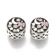 Tibetan Style Alloy Beads, with Rhinestone and Enamel, Hollow, Large Hole Beads, Flat Round with Angel & Star & Moon, Antique Silver, 12x11.5x10mm, Hole: 5.5mm(X-PALLOY-T048-17AS)