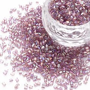 Glass Bugle Beads, Transparent Colours Rainbow, Plum, 2.5~3x2mm, Hole: 0.9mm, about 15000pcs/pound(SEED-S032-10A-176)