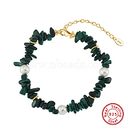 Natural Malachite Braided Beads Bracelets, 925 Sterling Silver Clasps for Women, Real 14K Gold Plated, 6 inch(15.1cm)(BJEW-L692-001G)