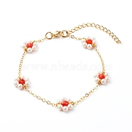 Shell Pearl & Acrylic Beads Flower Link Bracelets, with Brass Cable Chains, Golden, Red, 2mm, 7-1/4 inch(18.4cm)(X1-BJEW-TA00003-01)