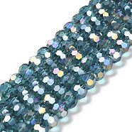 Transparent Glass Beads, 32 Facets, AB Color Plated, Round, Light Sea Green, 8x7~7.5mm, Hole: 1.5mm, about 66pcs/strand, 18.82''~19.06''(47.8~48.4cm)(EGLA-A035-T8mm-B12)