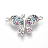 Brass Micro Pave Cubic Zirconia Links connectors, Butterfly, Colorful, Platinum, 15x24.5x5mm, Hole: 1.4mm(ZIRC-I032-51P)