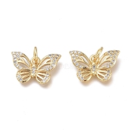 Brass Micro Pave Clear Cubic Zirconia Charms, with Jump Rings, Long-Lasting Plated, Butterfly, Real 18K Gold Plated, 14~15x9.5x2mm, Jump Ring: 5x1mm, Hole: 3.5mm(X-ZIRC-Q024-11G)