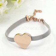 Fashionable 304 Stainless Steel Bracelets, with Lobster Claw Clasps, Heart, Rose Gold, 7-1/8 inch(180mm), 6mm(BJEW-J038-47RG)