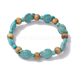 Beach Turtle Dye Synthetic Turquoise Beaded Stretch Barcelets, Summer Wood Beaded Stretch Bracelets for Women, Turquoise, Inner Diameter: 1-7/8~2 inch(4.85~5.2cm), Bead: 7x8~8.5mm, Turtle: 17x14mm (BJEW-JB10291-01)