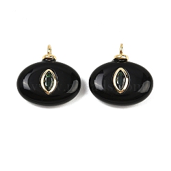 Natural Black Onyx(Dyed & Heated) Pendants, Horse Eye Charms with Brass Micro Pave Cubic Zirconia Findings, Real 18K Gold Plated, Cadmium Free & Lead Free, Rack Plating, Long-Lasting Plated, 19x18x5.5~7.5mm, Hole: 2.8mm(X-KK-B157-42H-10)