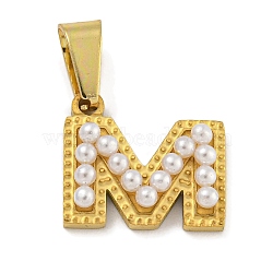 Ion Plating(IP) 304 Stainless Steel Pendants, with ABS Imitation Pearl, Letter M, 12.5x14.5x3.3mm, Hole: 6x3mm6x3mm(STAS-U024-01M)