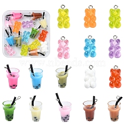 16Pcs 16 Styles Resin Pendants, Boba Milk Tea/Bear, Mixed Color, 20.5~28x11.5~17x7~13mm, Hole: 1.8~2mm, 1pc/style(CRES-YW0001-33)