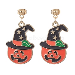 Halloween Pumpkin Alloy Enamel Dangle Stud Earrings, Golden 304 Stainless Steel Jewelry for Women, Orange Red, 38.5mm, Pin: 0.8mm(EJEW-JE05248)