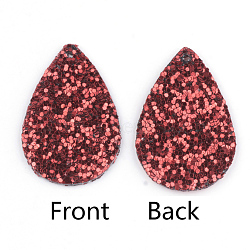 PU Leather Pendants, with Sequins, teardrop, Red, 39x25x2mm, Hole: 1.5mm(FIND-T020-026G)