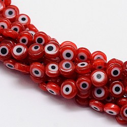 Handmade Evil Eye Lampwork Flat Round Bead Strands, Red, 8x3.2mm, Hole: 1mm, about 49pcs/strand, 14.56 inch(LAMP-L058-8mm-06)
