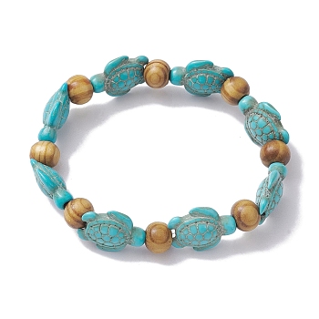 Beach Turtle Dye Synthetic Turquoise Beaded Stretch Barcelets, Summer Wood Beaded Stretch Bracelets for Women, Turquoise, Inner Diameter: 1-7/8~2 inch(4.85~5.2cm), Bead: 7x8~8.5mm, Turtle: 17x14mm 