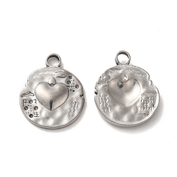 Valentine's Day 304 Stainless Steel Pendants, Flat Round with Heart Charm, Stainless Steel Color, 19.5x16x2.5mm, Hole: 2.5mm