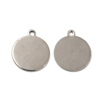 201 Stainless Steel Pendants, Flat Round Charm, Stainless Steel Color, 16x14x0.5mm, Hole: 1.2mm