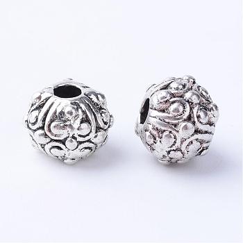Tibetan Style Alloy Beads, Round with Flower, Cadmium Free & Lead Free, Antique Silver, 11x8~8.5mm, Hole: 3mm, about 375pcs/1000g