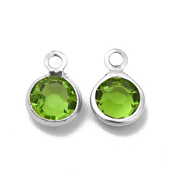 304 Stainless Steel with Glass Charms, Stainless Steel Color, Faceted Flat Round, Yellow Green, 9.5x6.5x2mm, Hole: 1.5mm