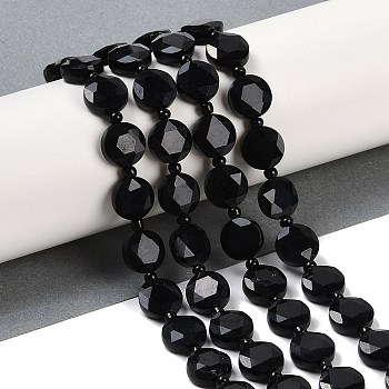 Natural Black Onyx(Dyed & Heated) Beads Strands, Faceted Pentagonal Cut, Flat Round, with Seed Beads, 10~10.5x5~6mm, Hole: 1mm, about 32~33pcs/strand, 15.75''(40cm)